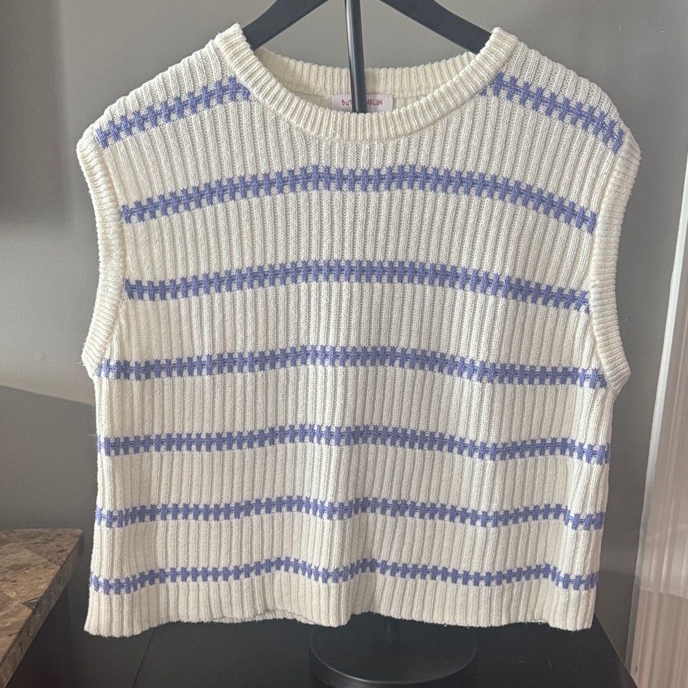 Sleeveless Knit Sweater Tank - Cream and Blue